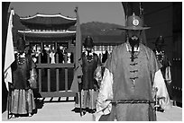 Guards in Joseon-period costumes, Gyeongbokgung. Seoul, South Korea (black and white)