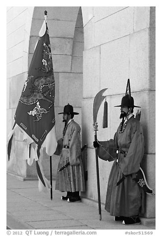 Guards in Joseon-period uniforms, Gyeongbokgung. Seoul, South Korea (black and white)
