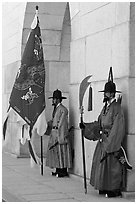 Guards in Joseon-period uniforms, Gyeongbokgung. Seoul, South Korea ( black and white)
