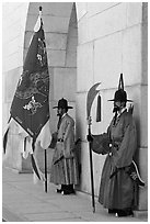 Guards in Joseon-period uniforms, Gyeongbokgung. Seoul, South Korea (black and white)