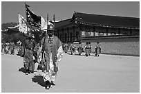 Royal guards marching, Gyeongbokgung palace. Seoul, South Korea (black and white)