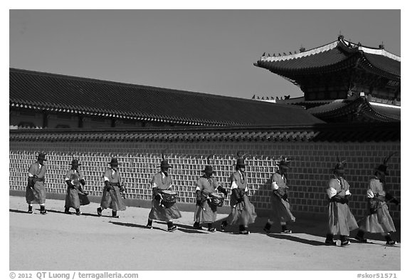 Military band marching, Gyeongbokgung palace. Seoul, South Korea (black and white)