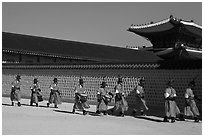 Military band marching, Gyeongbokgung palace. Seoul, South Korea (black and white)