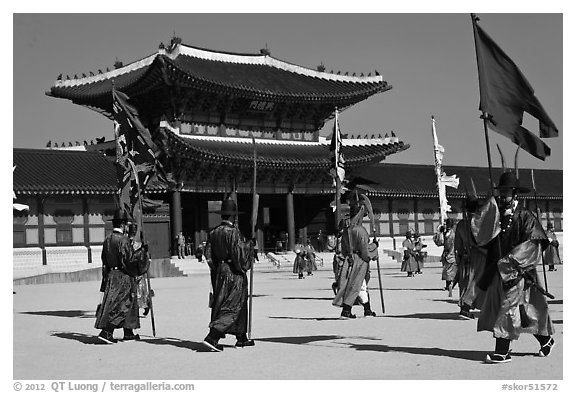 Ceremony of gate guard change, Gyeongbokgung palace. Seoul, South Korea (black and white)