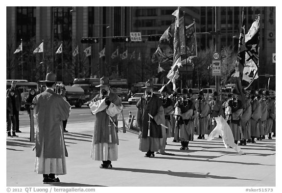 Changing of the Guard ceremony in front of Gyeongbokgung palace. Seoul, South Korea (black and white)