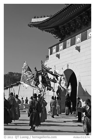 Guard change ceremony in front of Gyeongbokgung palace gate. Seoul, South Korea (black and white)