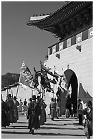 Guard change ceremony in front of Gyeongbokgung palace gate. Seoul, South Korea (black and white)