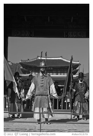 Joseon guards and Gyeongbokgung palace. Seoul, South Korea (black and white)