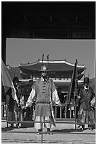 Joseon guards and Gyeongbokgung palace. Seoul, South Korea (black and white)