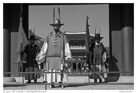 Royal guards, Heugnyemun gate, Gyeongbokgung. Seoul, South Korea (black and white)