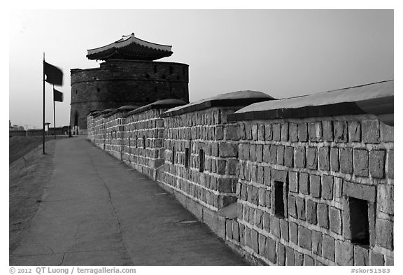 Dongbuk Gonsimdong and Hwaseong Fortress walls. South Korea (black and white)