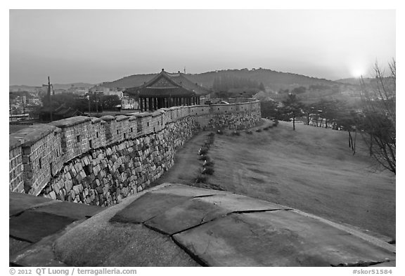 Sunset from Hwaseong Fortress walls. South Korea (black and white)