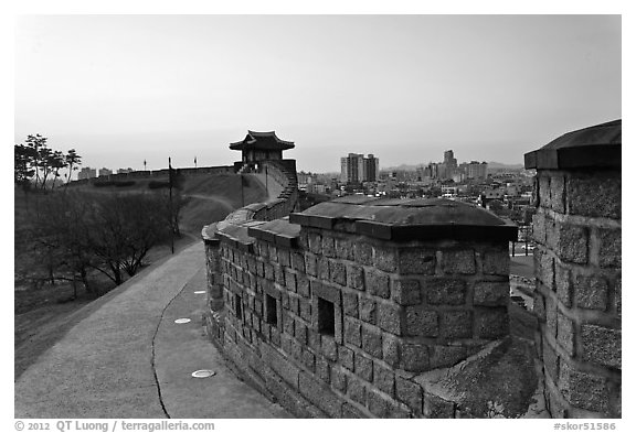 Inside Suwon Hwaseong Fortress wall. South Korea (black and white)