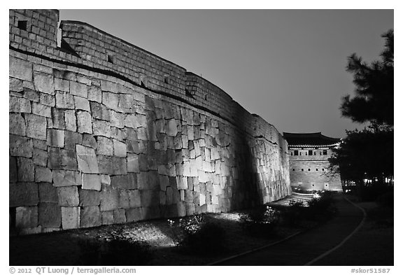 Outside Suwon Hwaseong Fortress wall at dusk. South Korea (black and white)