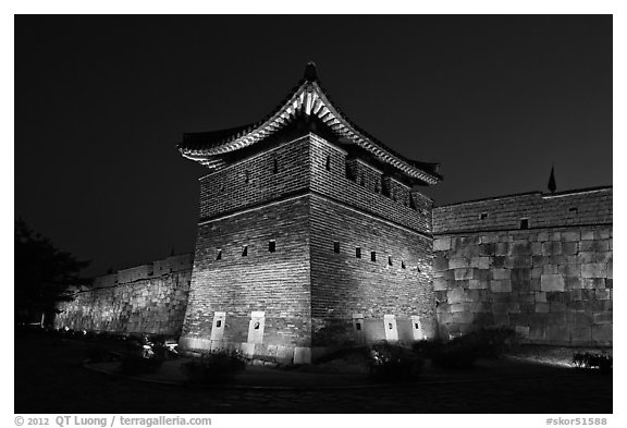 Suwon Hwaseong Fortress tower at night. South Korea (black and white)
