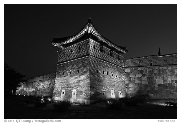 Suwon Hwaseong Fortress tower at night. South Korea