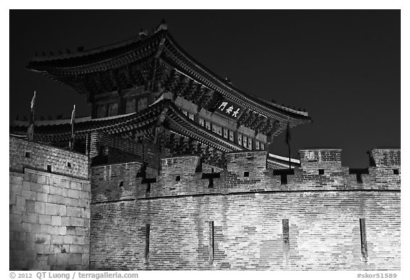 Wall and Janganmun gate at night, Suwon Hwaseong Fortress. South Korea (black and white)