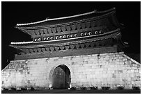 Janganmun gate at night, Suwon Hwaseong Fortress. South Korea (black and white)