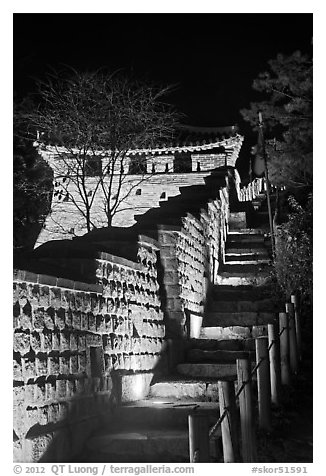 Steep section of wall at night, Namchi, Suwon Hwaseong Fortress. South Korea (black and white)