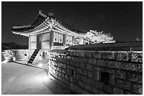 Seoporu (western sentry post) at night, Suwon Hwaseong Fortress. South Korea (black and white)