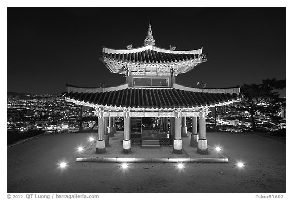 Seojangdae (western command post) and city lights, Suwon. South Korea (black and white)