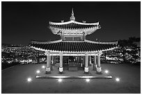 Seojangdae (western command post) and city lights, Suwon. South Korea ( black and white)