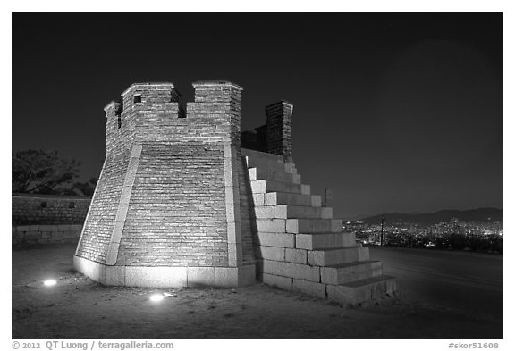 Seonodae (crossbow tower) at night, Suwon Hwaseong Fortress. South Korea (black and white)