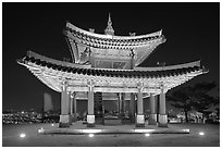 Seojangdae (western command post) at night, Suwon Hwaseong Fortress. South Korea (black and white)