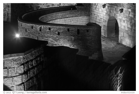 Hwaseomun gate fortifications from above,  Suwon Hwaseong Fortress. South Korea (black and white)