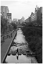 Man crossing Cheonggye stream. Seoul, South Korea ( black and white)