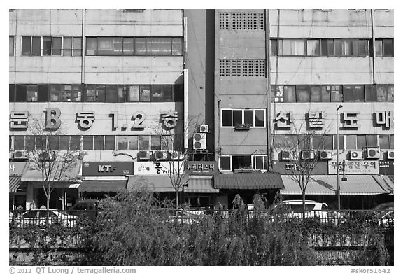 Warehouses along Cheonggyecheon. Seoul, South Korea (black and white)