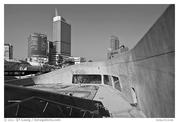 Metonymic landscape designed by Zaha Hadid, Dongdaemun Design Plaza. Seoul, South Korea (black and white)