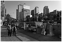 Street lined up with food stalls. Seoul, South Korea ( black and white)