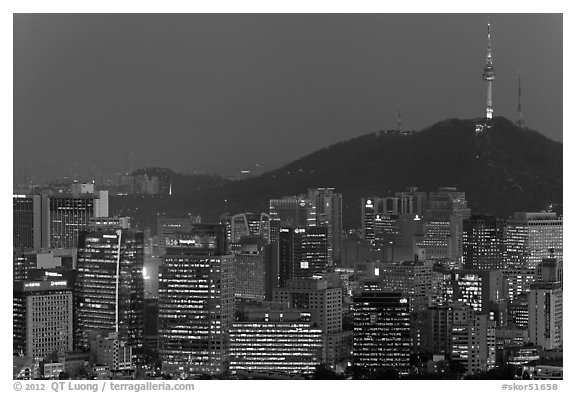 City skyline and Namsan hill at night. Seoul, South Korea (black and white)