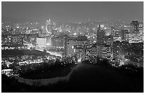 Old fortress wall and city skyline at night. Seoul, South Korea ( black and white)