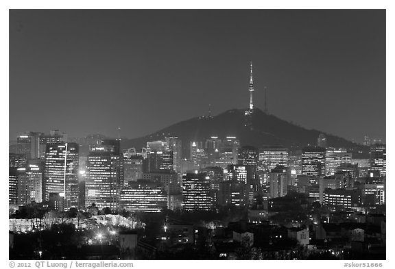 Seoul skyline with N Seoul Tower at night. Seoul, South Korea (black and white)