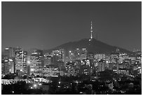 Seoul skyline with N Seoul Tower at night. Seoul, South Korea (black and white)