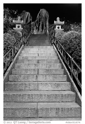 Stairs leading to sacred rocks, Seon-bawi. Seoul, South Korea (black and white)