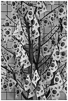 Sappling decorated with Korean flags. Seoul, South Korea ( black and white)