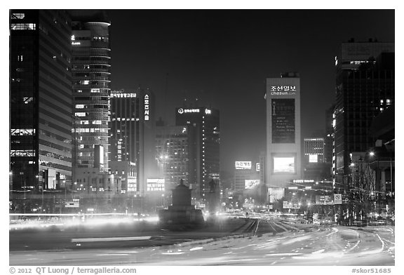 Large boulevard, lights, and high rises. Seoul, South Korea (black and white)