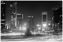 Large boulevard, lights, and high rises. Seoul, South Korea (black and white)
