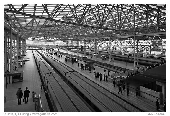 Trains in Seoul station. Seoul, South Korea (black and white)