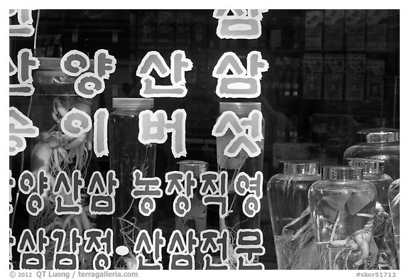 Korean script and traditional medicine jars. Daegu, South Korea (black and white)