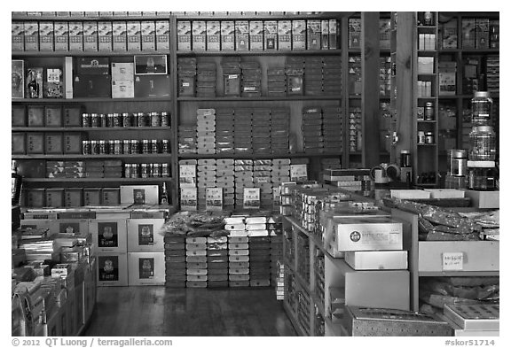 Inside traditional medicine store, Yakjeon-golmok. Daegu, South Korea (black and white)