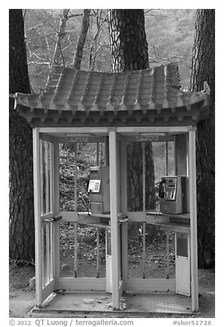 Phone booths near Haeinsa. South Korea (black and white)