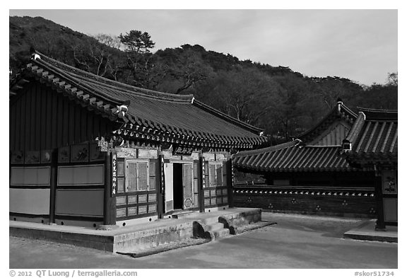 Haeinsa, Buddhist temple of Jogye Order in the Gaya Mountains. South Korea (black and white)
