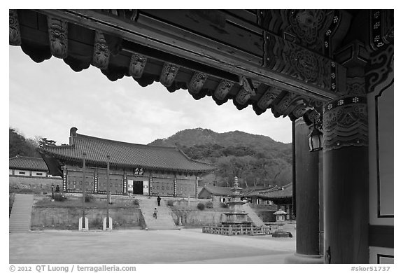 Haeinsa Temple framed by entrance gate. South Korea