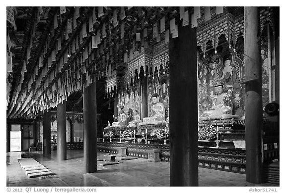 Interior of main hall, Haein-sa Temple. South Korea (black and white)