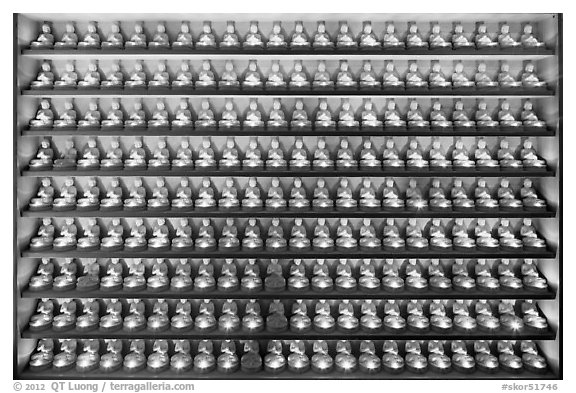 Array of buddha statues, Haein-sa Temple. South Korea (black and white)