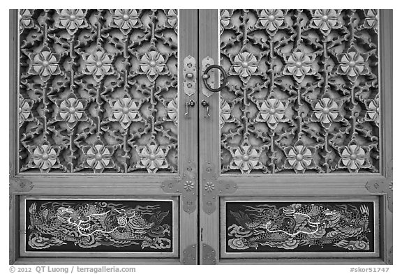 Intricate door decor, Haeinsa Temple. South Korea (black and white)